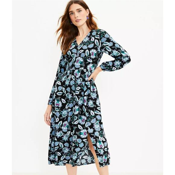 Loft Floral VNeck Long Sleeve‎ Empire Waist Midi Dress Women's 4 Dark Whimsy NWT - Picture 1 of 13